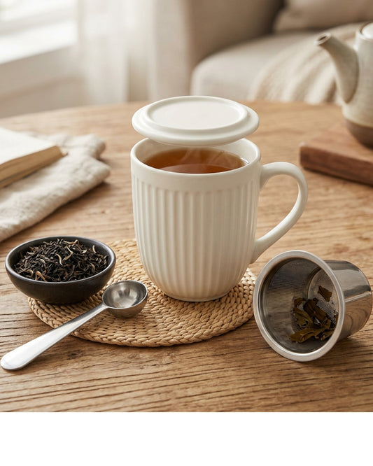 Fmnzk Ceramic Tea Mug Ivory Infuser Lid 14 oz