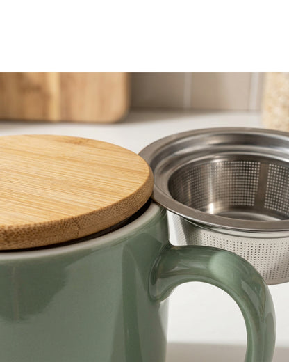 Fmnzk Ceramic Tea Cup Bamboo Lid Sage 16 oz
