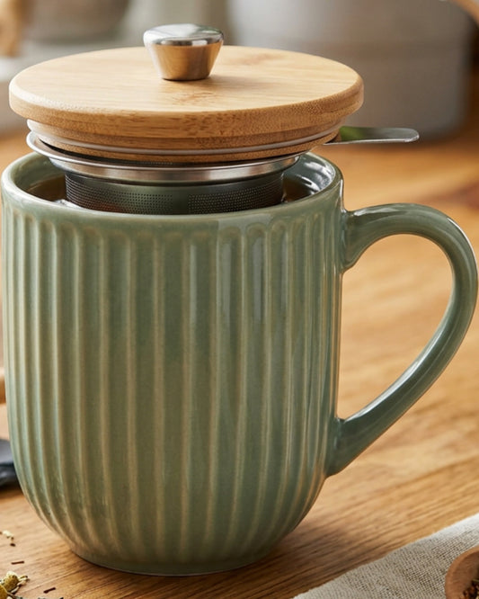 Fmnzk Ceramic Tea Cup Bamboo Lid Sage 16 oz