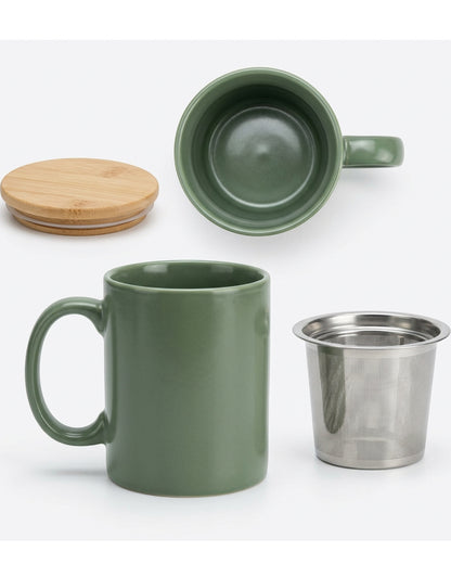 Fmnzk Ceramic Tea Cup Bamboo Lid Sage 16 oz