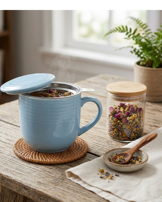 Fmnzk Wide Ceramic Tea Mug Blue Infuser 15 oz